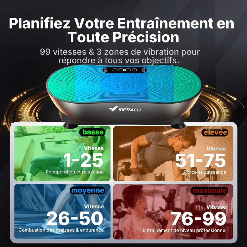 Plateforme Vibrante Silencieuse 99 Vitesses - Écran LED et Bluetooth - 6