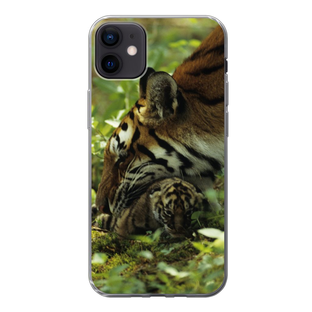 MuchoWow Handyhülle Schutzhülle Hülle für iPhone 12 mini Tiger - Pflanzen - Jungtier Silikon Softcase Handy Hülle - Bild