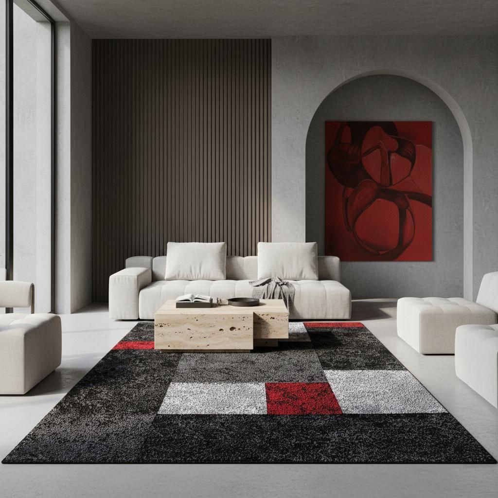 Wohnteppich Karomuster Modern Waschbar Strapazierfähig | Rot 140x200 cm Wohnzimmer Schnelltrocknend | MONZA – Kadima Design