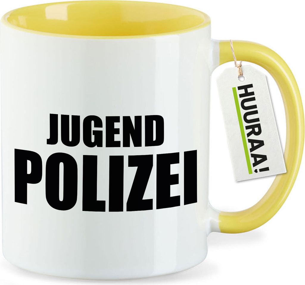 Huuraa Kaffeetasse Jugend Polizei Schriftzug 330ml Gelb Keramik Kaffeebecher Geschenkidee
