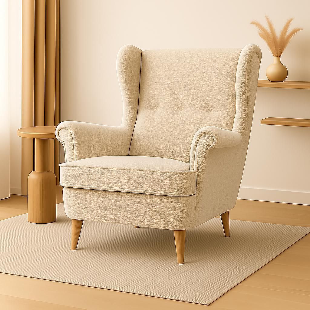 Ohrensessel BOUCLE beige auf Buche Füẞen Glamour Stil Relaxsessel Fernsehsessel Boucle Stoff Gewebe modernes Design