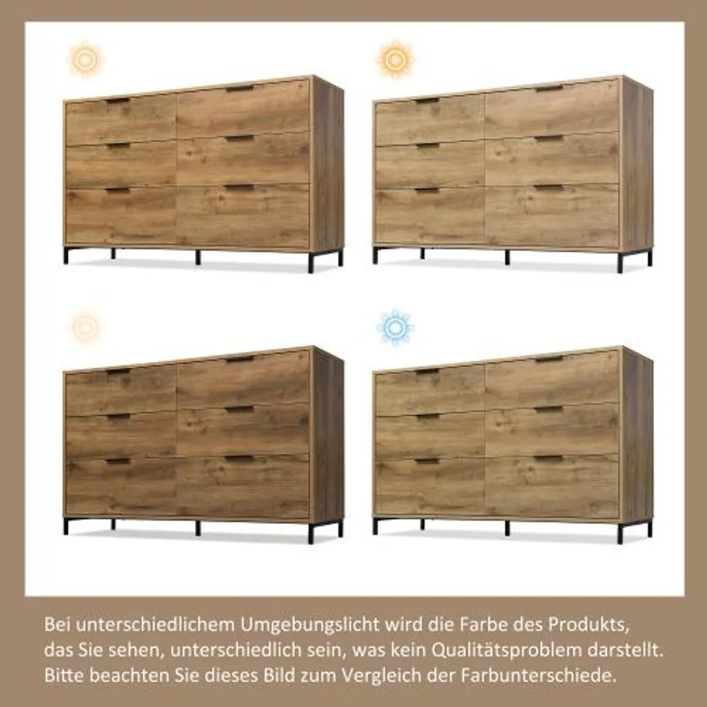Buffet bas 6 tiroirs AIORBER, Meuble de Rangement Industriel Chêne Foncé