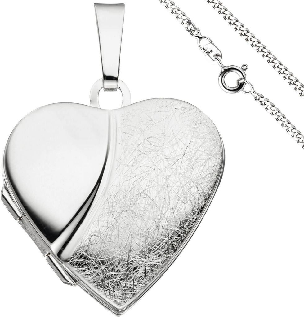 Schmuck-Set, Medaillon für 2 Fotos in Herzform, 2mm Panzerkette 925 Silber, 60cm