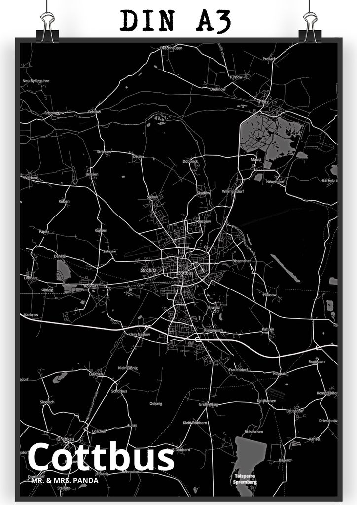 Mr. & Mrs. Panda Bild Cottbus DIN A3 - Geschenk, drucke, Stadt Dorf Karte Landkarte Map Stadtplan, Wandbild, Wanddekoration, Plakat, Design Poster