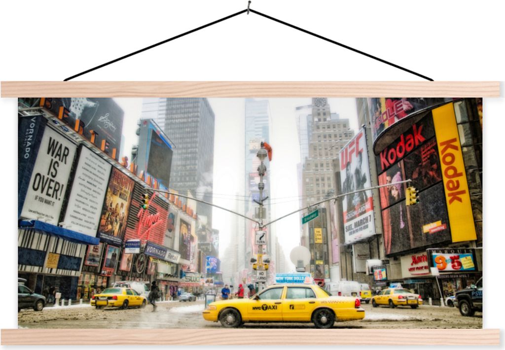 MuchoWow Textilposter New York - Taxi - Architektur 120x60 cm mit holzfarbenen Rahmen - Klemmleiste