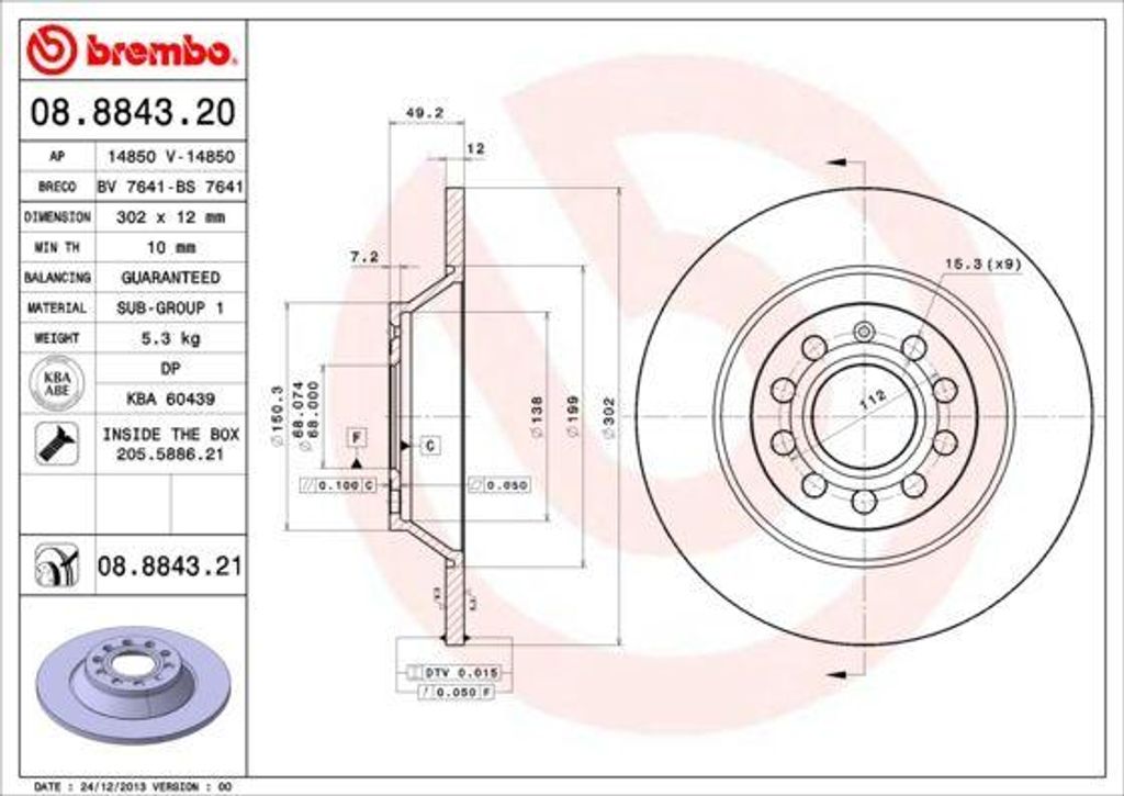 BREMBO 08.8843.21 Bremsscheibe OE 4F0615601E kompatibel mit A6 4F