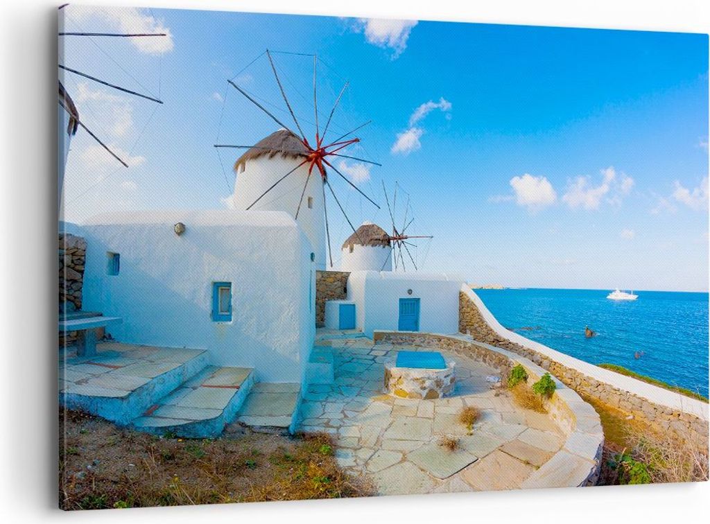 Bild auf Leinwand - Leinwandbild - Griechenland Insel Küste Haus - 120x80cm - Wand Bild - Wanddeko - Leinwanddruck - Bilder - Kunstdruck - Wanddek...