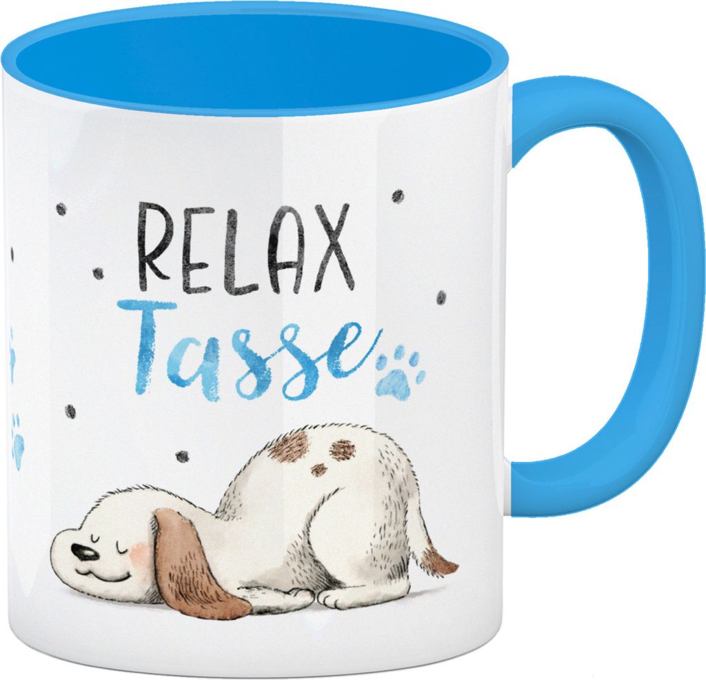 Relaxter Hund Kaffeebecher in hellblau mit Spruch Relax Tasse
