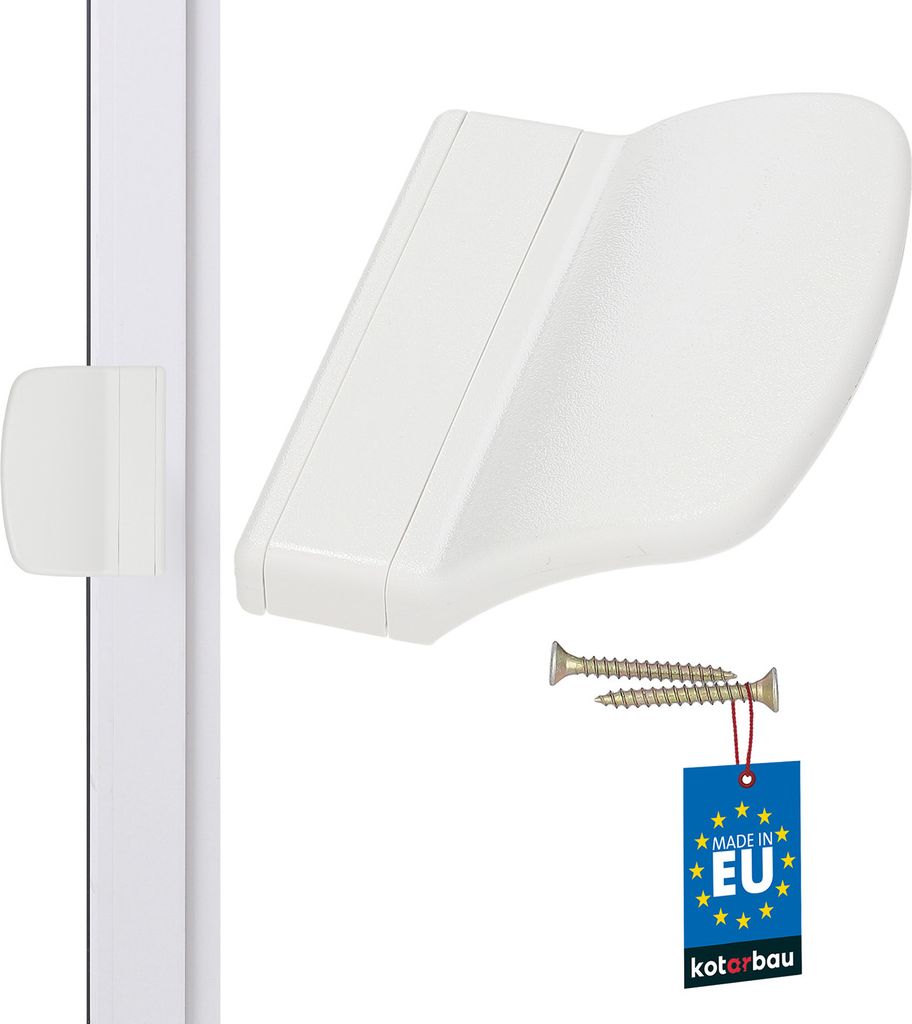 A white plastic balcony door handle and two screws are shown against a white background. A blue tag with 'MADE IN EU' and 'kotarbau' is attached to the screws.