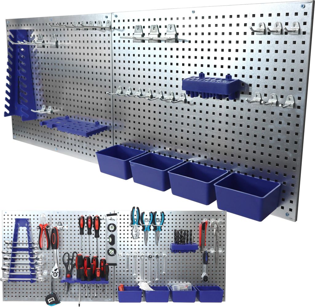 A metal pegboard tool organizer with various tools and accessories.