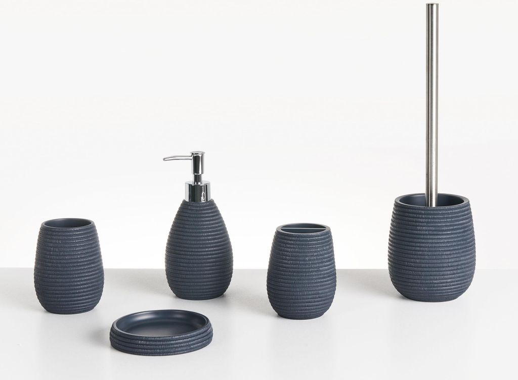 BELIANI Badezimmer Set 5-Teilig Dunkelblau Kunstharz Seiloptik Modern Seifenschale Seifenspender Zahnbürstenhalter Toilettenbürste Becher Badauss...