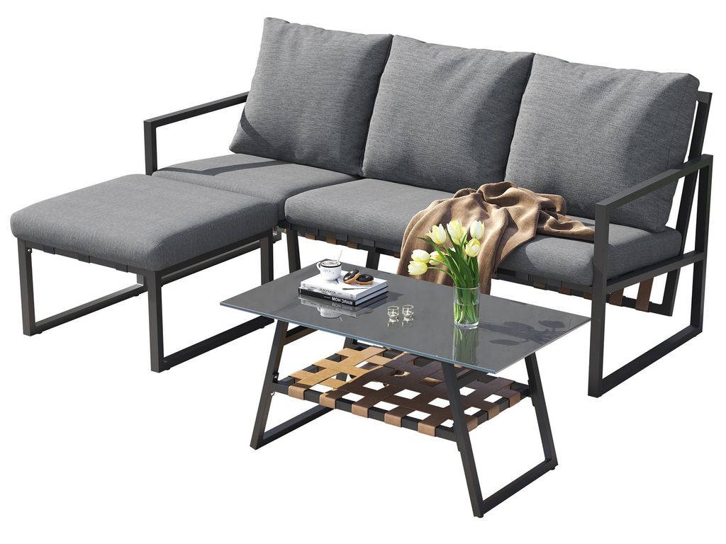 Gartenlounge-Set Gartenmöbel-Set für 4 Personen mit verzinktes Stahlrohr Ecksofa (Sofa+Couchtisch+Fußhocker), Balkonmöbel Mit Eckgarnitur Für ...