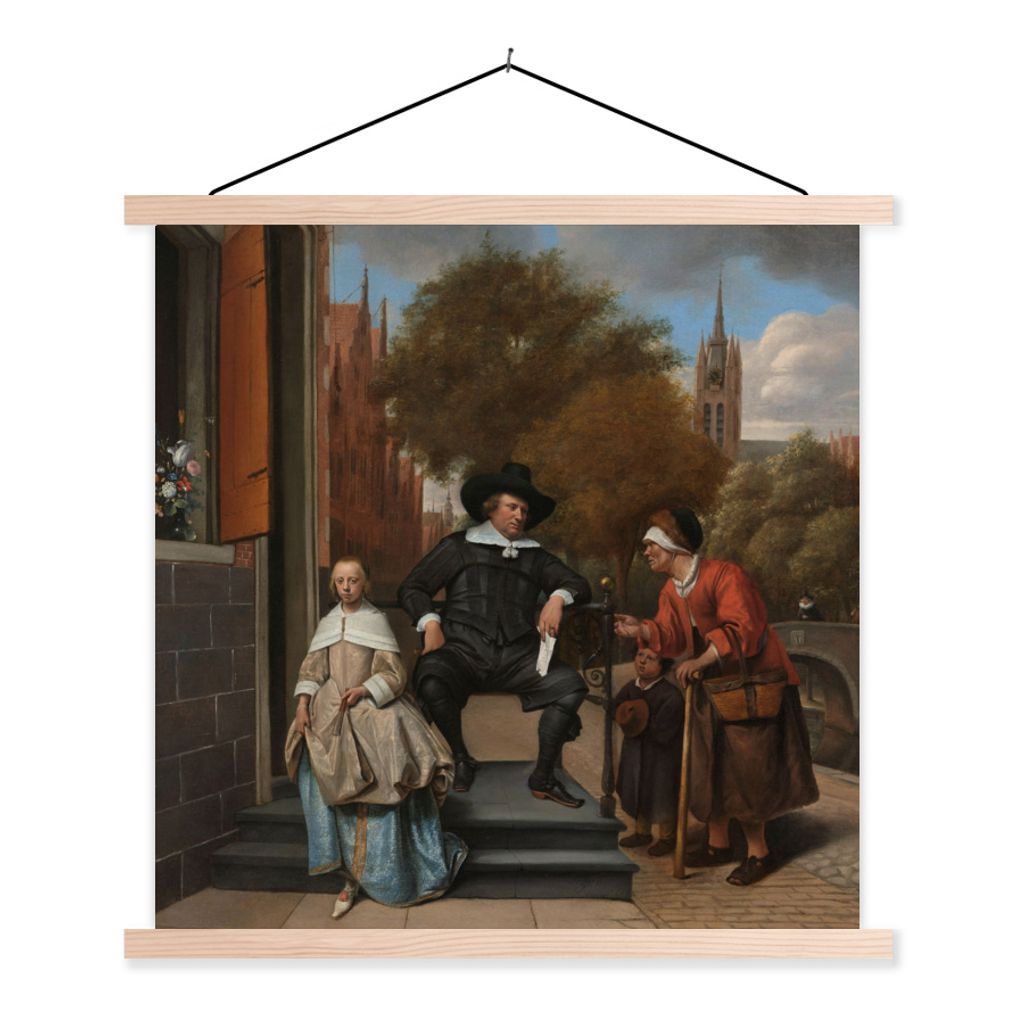 MuchoWow Textilposter Der Bürgermeister von Delft und seine Tochter - Gemälde von Jan Steen 40x40 cm mit holzfarbenen Rahmen - Posterleiste