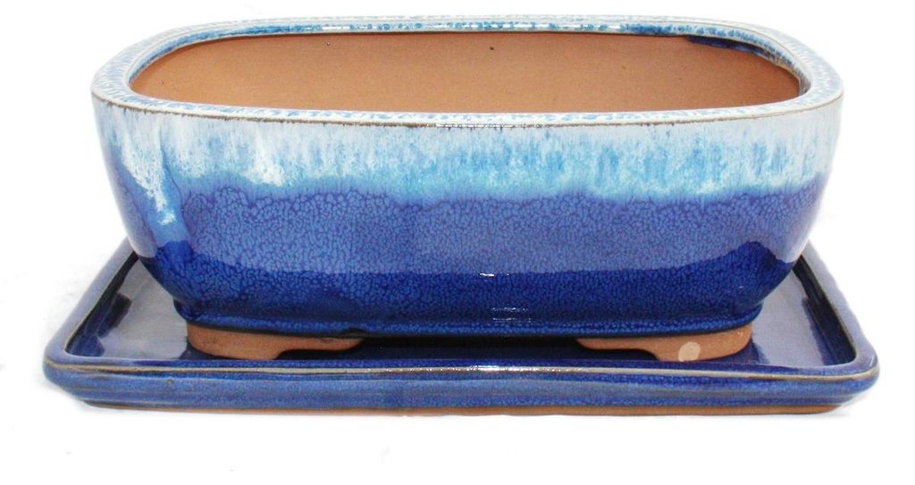 Bonsai-Schale mit Untersetzer, Größe 4 – blau/beige – rechteckig – Modell G5B – L 25,5 cm – B 19 cm – H 9 cm
