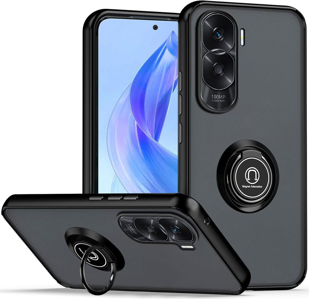 Hülle für Honor 90 Lite 5G Ring Halter Ständer Matte Transluzent TPU Bumper Stoßfest Schutzhülle Schwarz