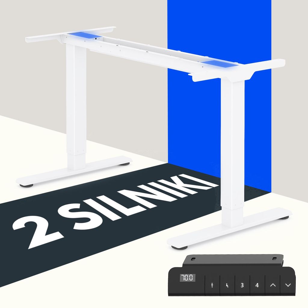 A white electric standing desk frame is shown from a diagonal angle, with a blue backdrop and the text '2 SILNIKI' in large white letters on a dark background strip across the foreground. A black control panel with a digital display is in the bottom right 