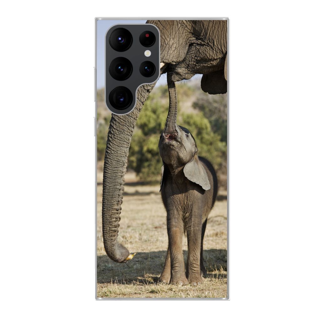 MuchoWow Handyhülle Schutzhülle Hülle für Samsung Galaxy S22 Ultra Elefant - Tiere - Gras - Natur Silikon Softcase Handy Hülle - Abbildung