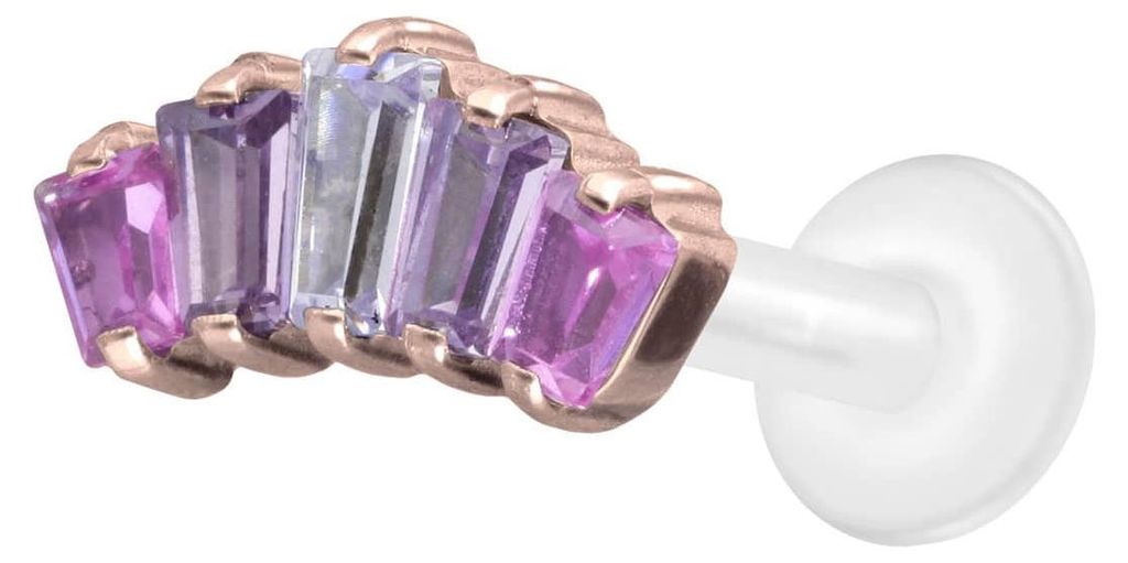 Ohrpiercing, Nasenpiercing PTFE Labret mit Innengewinde + Titan-Aufsatz 5 EINGEFASSTE KRISTALLRECHTECKE RoséGold Stablänge: 10mm | Stabstärke: 1...