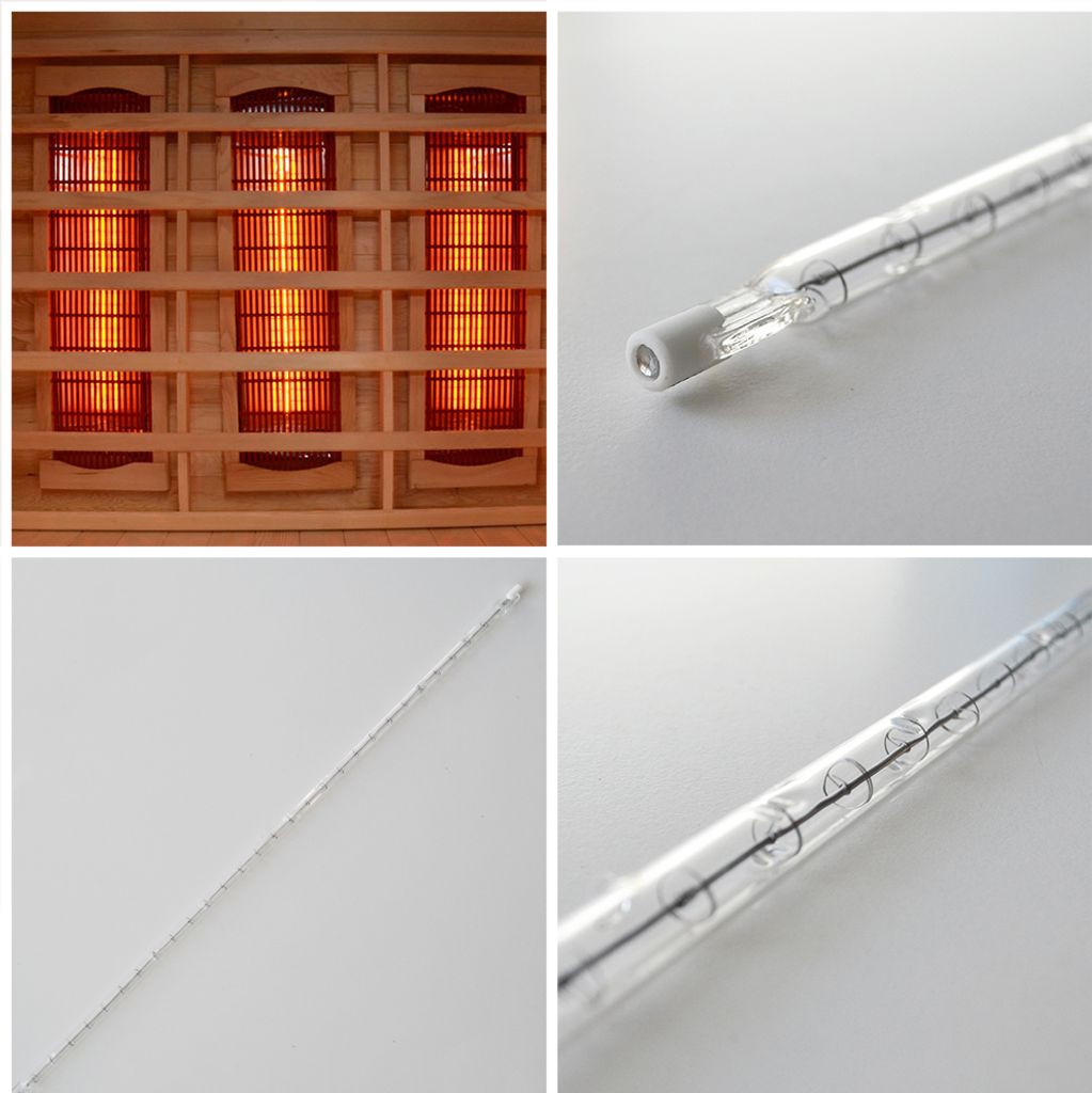 A collage of images showing an infrared heater and its components.