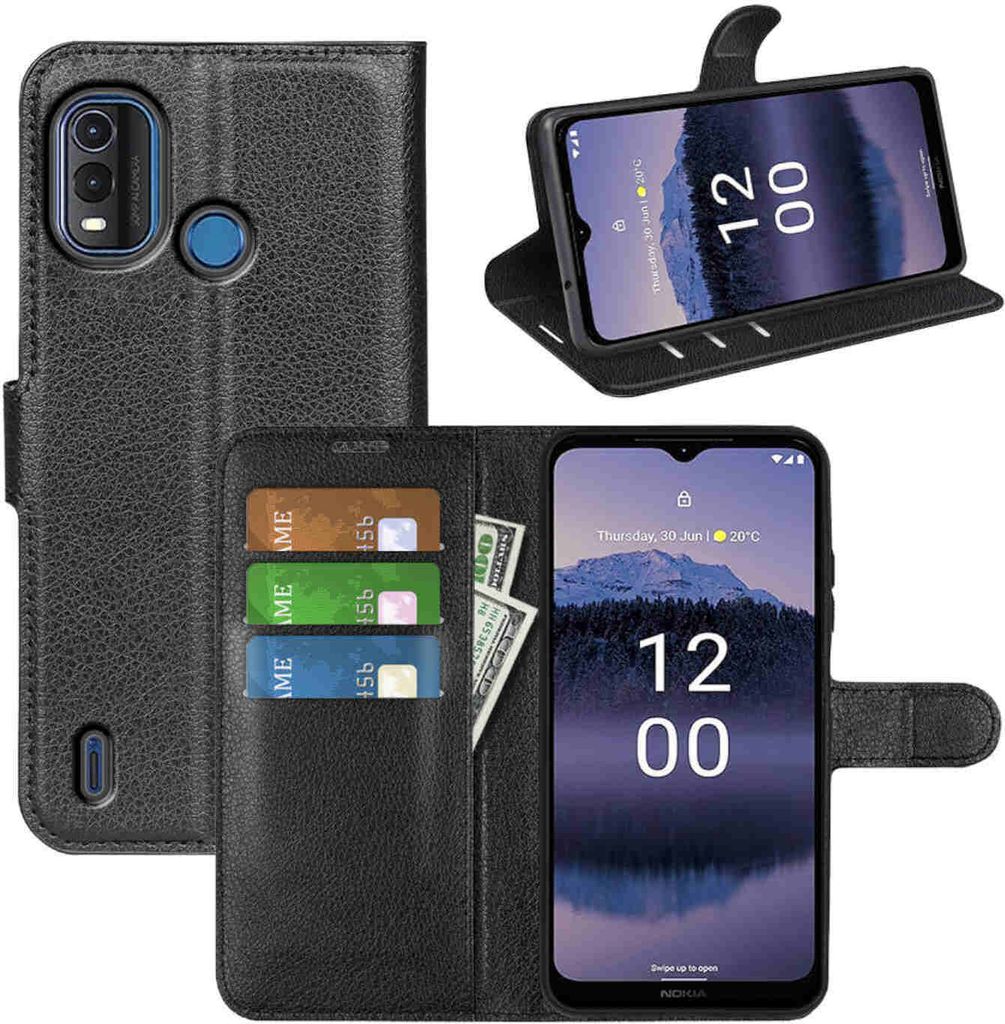 A collage of images showing a black leather flip phone case with card slots and a phone inside.