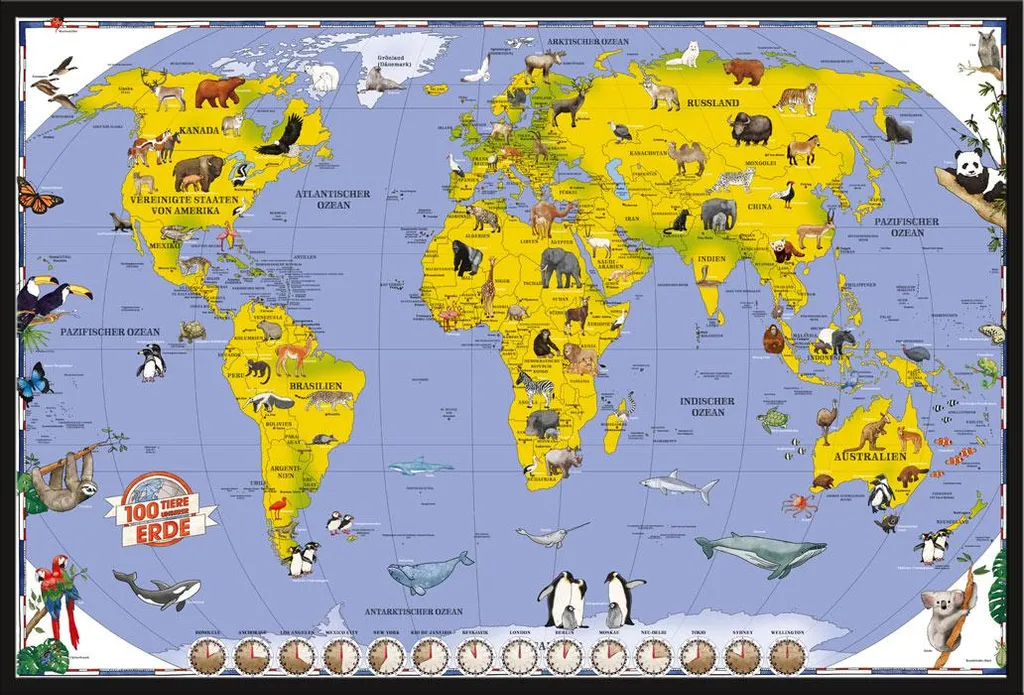 Affiche Carte du Monde Animaux : poster éducatif avec cadre noir Shinsuke