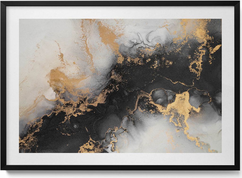 Schwarz-weiß abstrakt mit Gold– Wandbild mit Rahmen – Gerahmtes Bild – Wanddekoration – 100x70 cm – Schwarz Rahmen