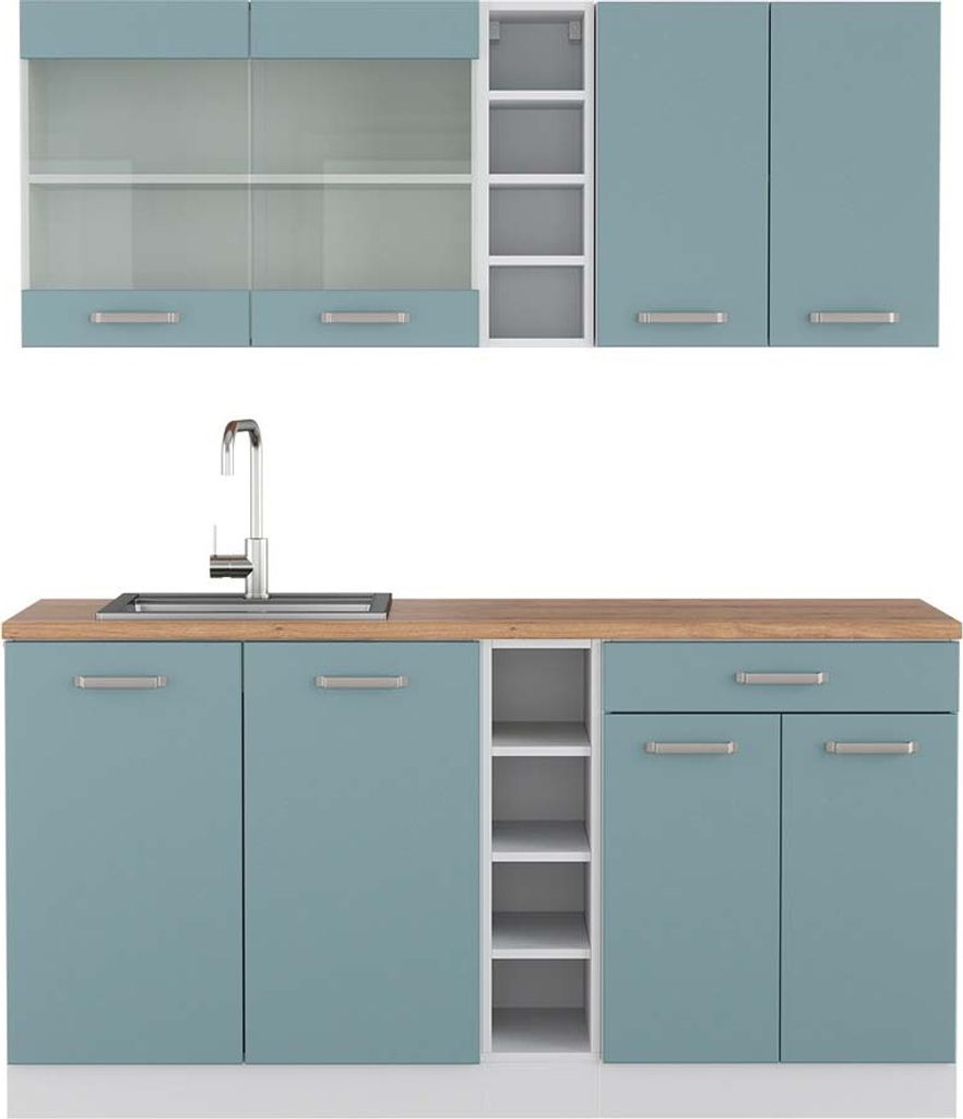 Singleküche Vicco R-Line Blau-Grau/Weiß 160 cm , AP Eiche, Model 42362