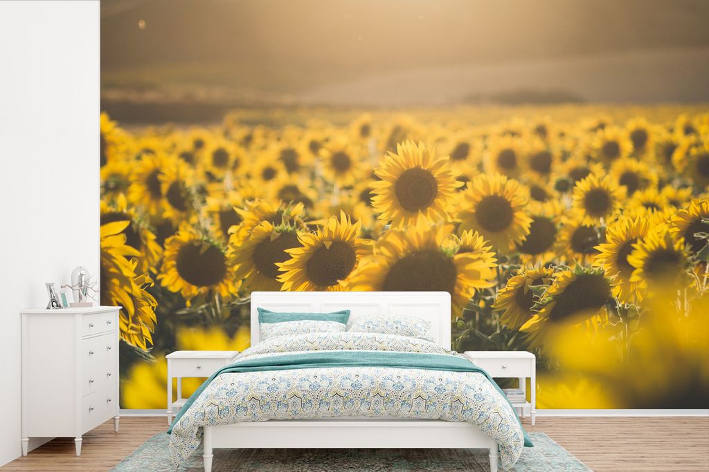 MuchoWow Fototapete für Wohnzimmer oder Schlafzimmer Wandtapete Vinyl Motivtapete Blumen - Sonne - Sonnenblumen - 450x300 cm - Gemusterte
