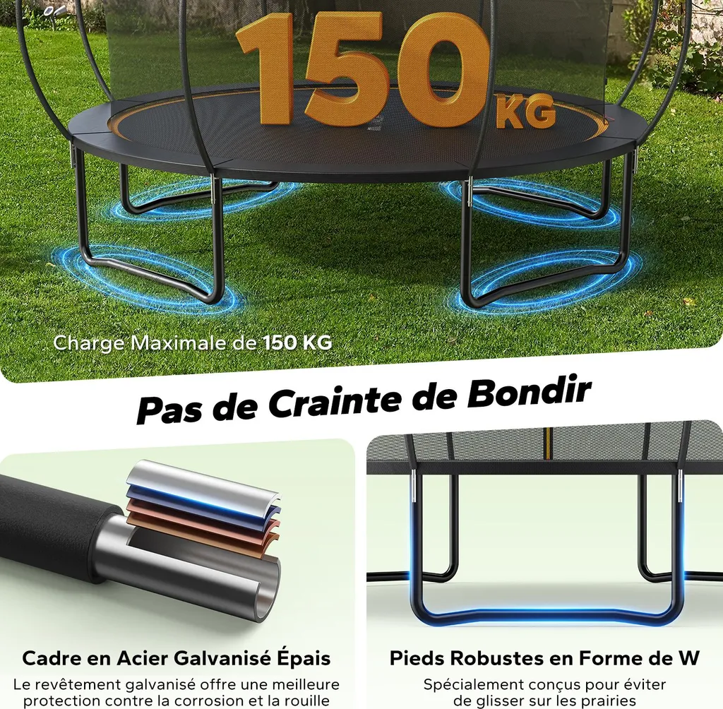 Trampoline Robuste 150kg MERACH Ø 305 cm Structure Stable Anticorrosion - 4