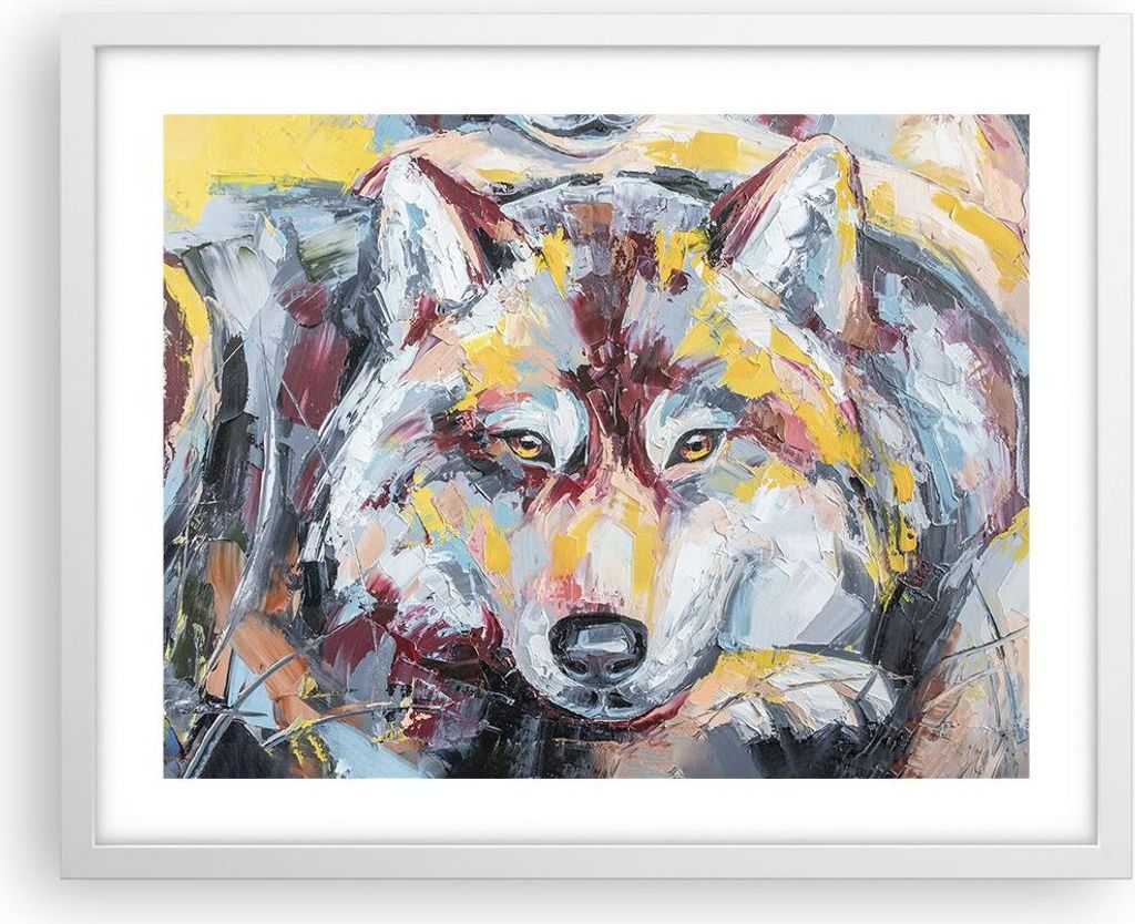 Gerahmtes Poster - Weißer Rahmen - Öl Wolf Hund - 50x40 cm - Wand Bild - Wanddeko - Wandbilder - Kunstposter - Wandposter - Bilderrahmen - Bilder...
