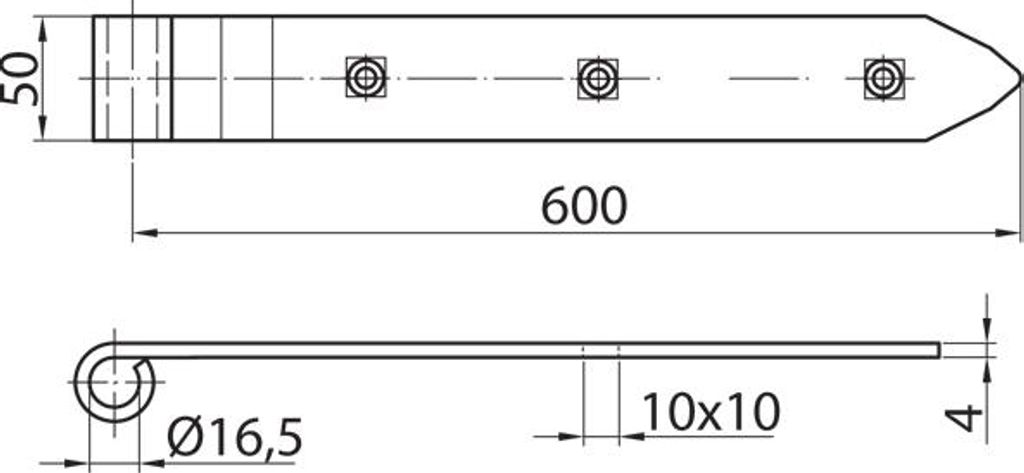 Verstärktes Scharnierband 600/50 mm, schwarz, ohne Haken, Durchmesser 16 mm