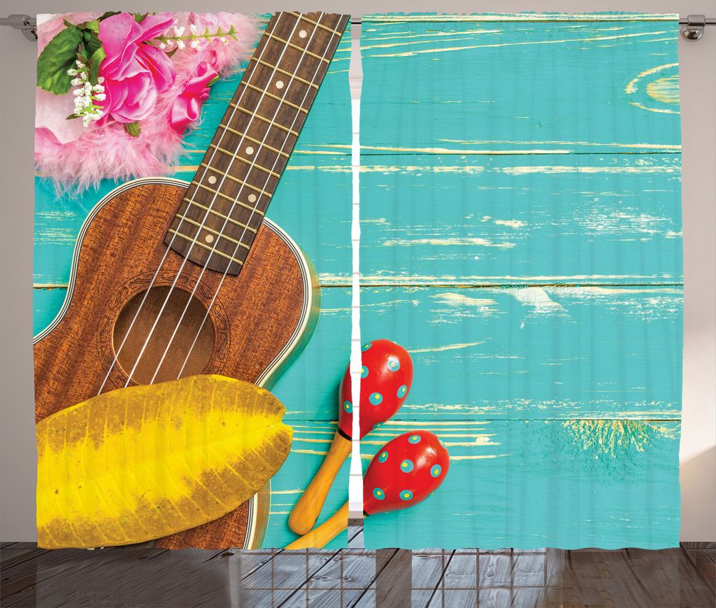 ABAKUHAUS Musik Rustikaler Gardine, Hawaiianische Sommer Ukulele, Schlafzimmer Kräuselband Vorhang mit Schlaufen und Haken, 280 x 225 cm, Aqua Gel...