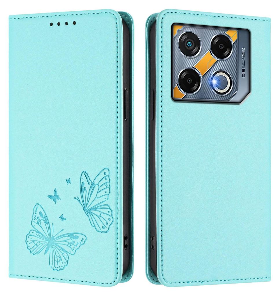 Lederhülle für Infinix GT 20 Pro 5G, Schmetterling Prägung Leder Brieftasche Schutzhülle mit Ständer Türkis