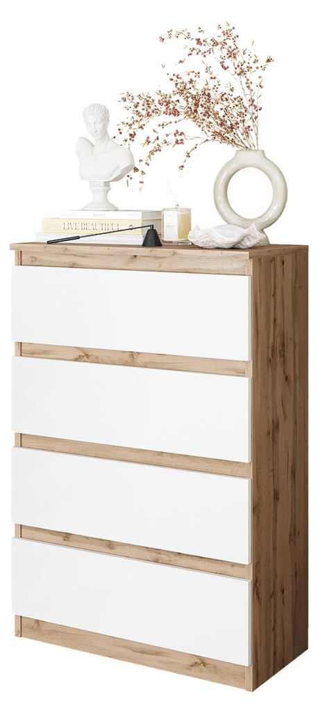 Kommode Wotan Eiche / Weiß Matt mit 4 Schubladen – Kleine Kommode für Schlafzimmer & Wohnzimmer – Modernes Sideboard – GABRIEL