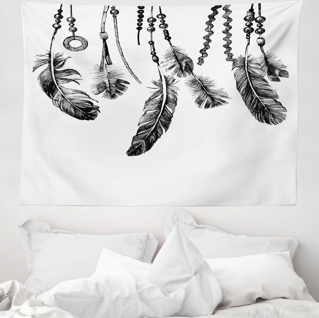 ABAKUHAUS Stammes Wandteppich, Gebürtige Federn aus Weiches Mikrofaser Stoff Waschbar ohne Verblassen Digitaldruck, 150 x 110 cm, Weiß und Schwarz