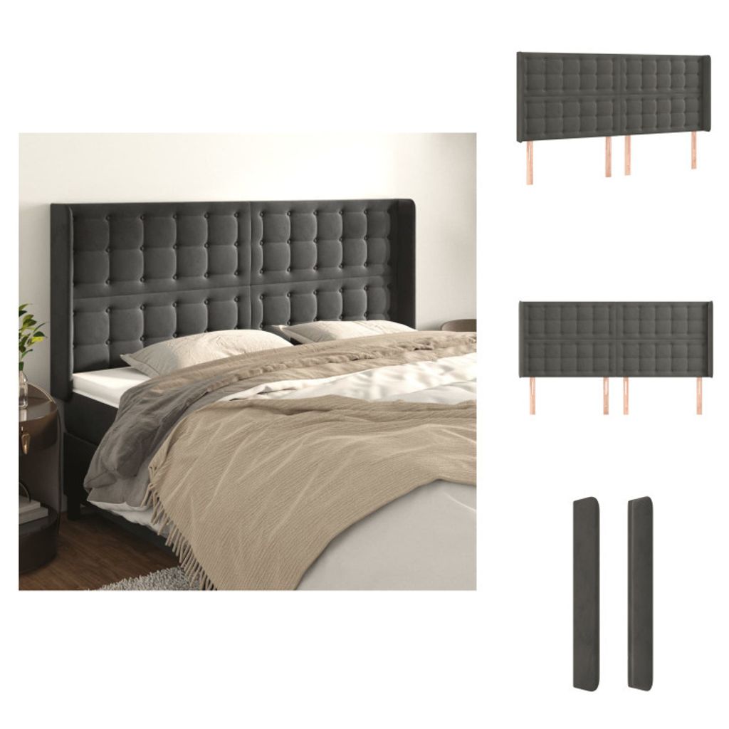 vidaXL Kopfteil mit Ohren Dunkelgrau 163x16x118/128 cm Samt - Kopf- & Fußenden