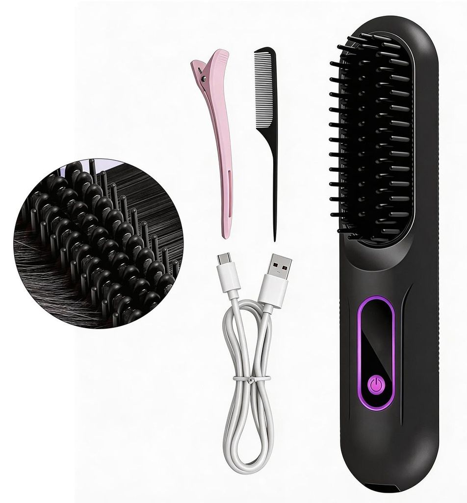 Kabelloses 2-in-1 Glätteisen Haarbürste, 10 Sekunden Aufheizen, 3 Temperaturstufen, Anti-Frizz, für glätten & locken, USB wiederaufladbar