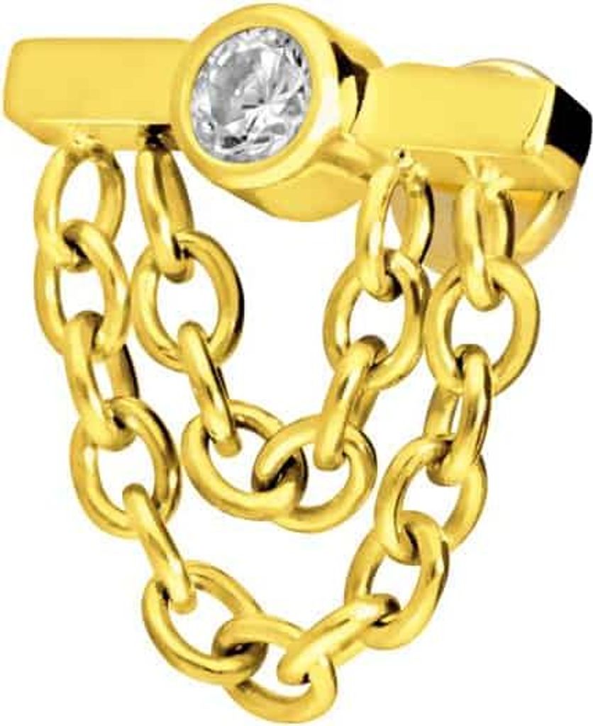 Ohrpiercing, Nasenpiercing Titan Labret mit Push Fit BALKEN + KRISTALL + 2 KETTEN Gold Stablänge: 5mm | Stabstärke: 1mm