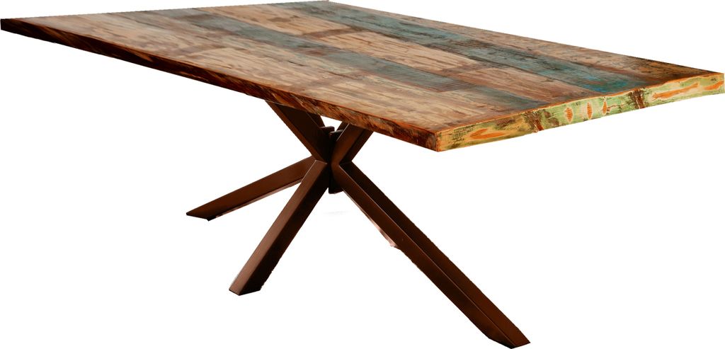 TPFLiving Tisch 160x85 cm Platte Altholz, Gestell Metall Platte bunt, Gestell antikbraun