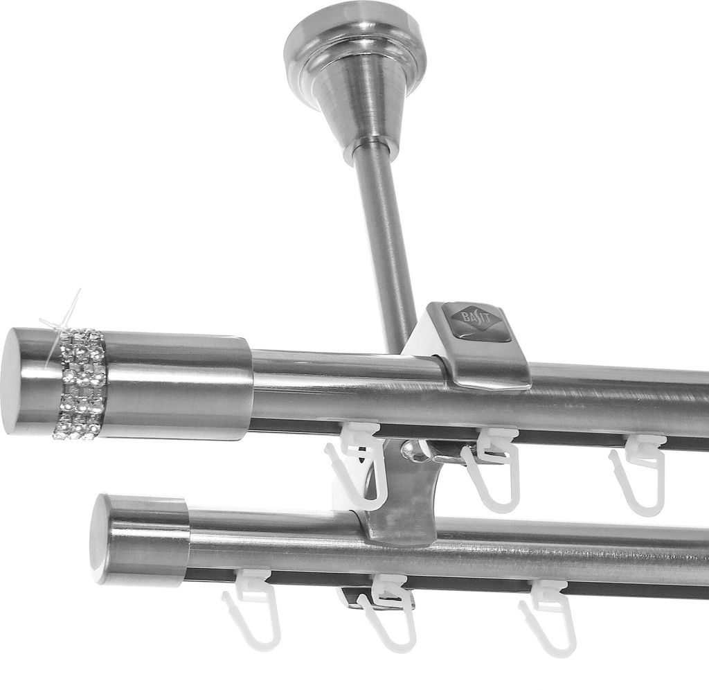 Innenlauf Gardinenstange Edelstahl Look, Durchmesser 20mm, Deckenträger D61II, 2-läufig, Länge 140, Endkappe E38