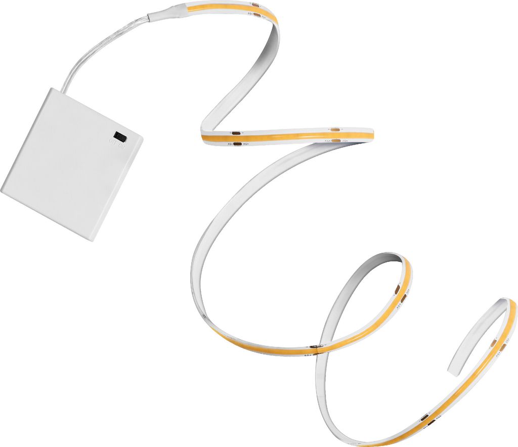 A white battery pack connected to a flexible LED strip light.