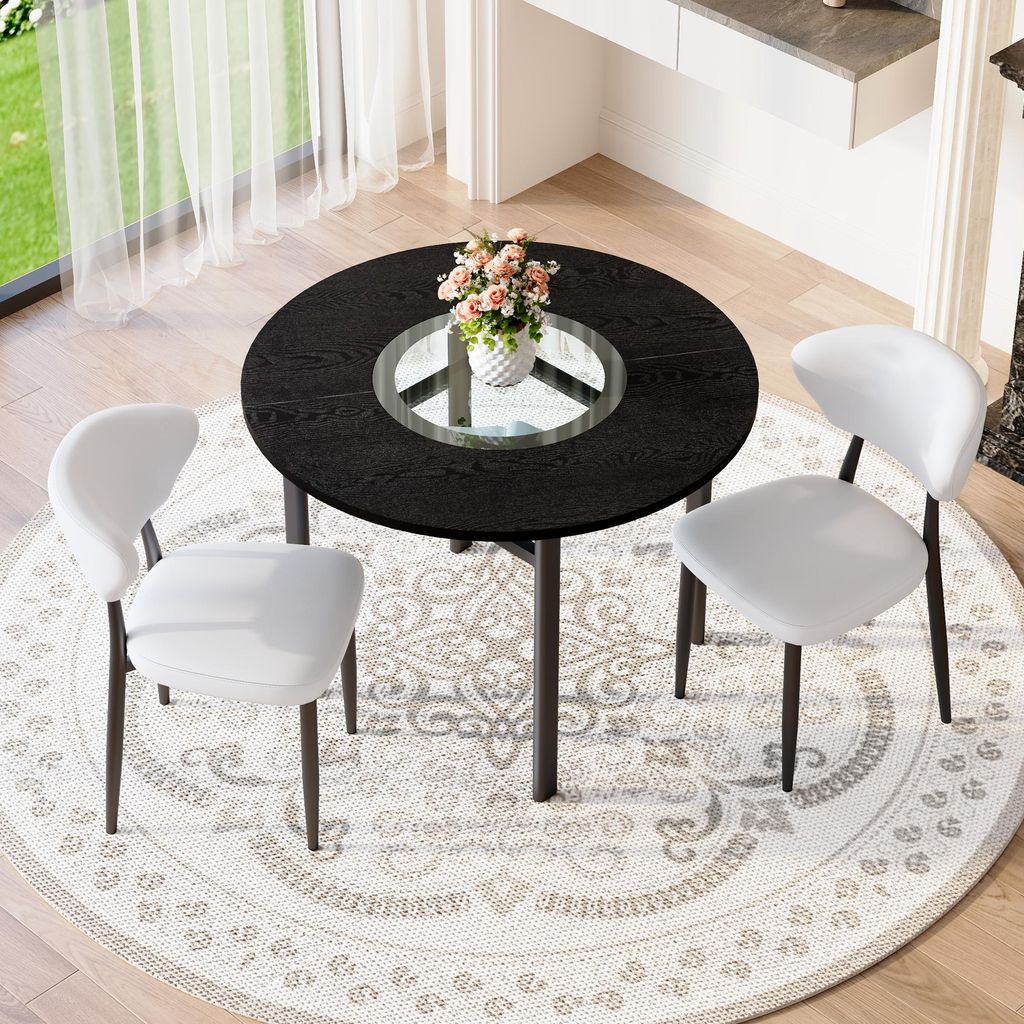 MODFU Esszimmerstuhl Set,Küchenstuhl mit 2 Stühle weißen und Esstisch in schwarzer Holzoptik,Runder Tisch mit 100 cm,Sessel mit gebogene Rücken...