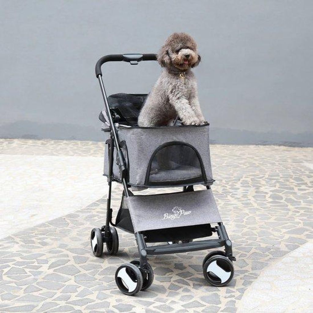 Klappbarer Hundewagen mit Korb und Regenhaube Grau