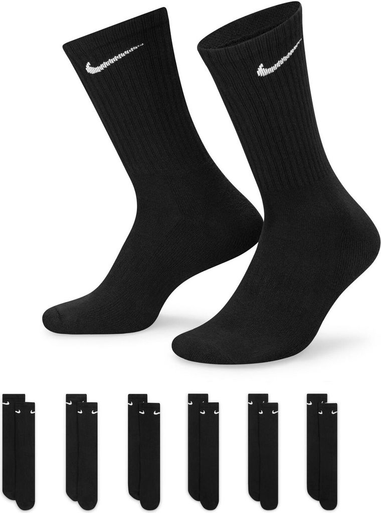 A pair of black Nike crew socks with white Nike logos, shown from the front, with additional pairs of socks displayed below.