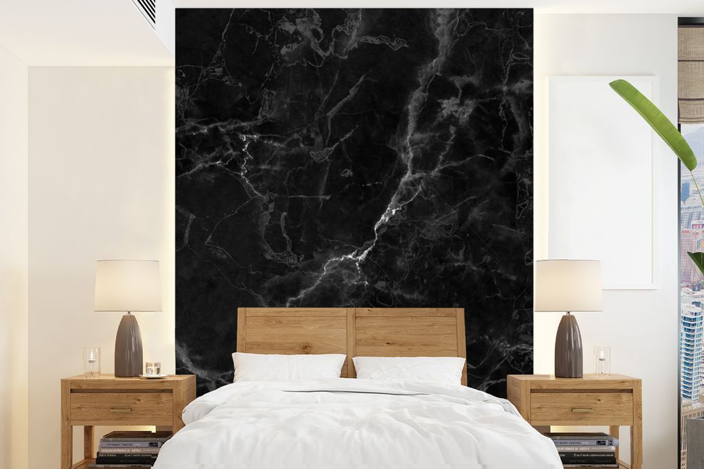 MuchoWow Fototapete für Wohnzimmer oder Schlafzimmer Wandtapete Vinyl Motivtapete Marmor - Schwarz - Weiß - Textur - Marmoroptik - 205x280 cm -...