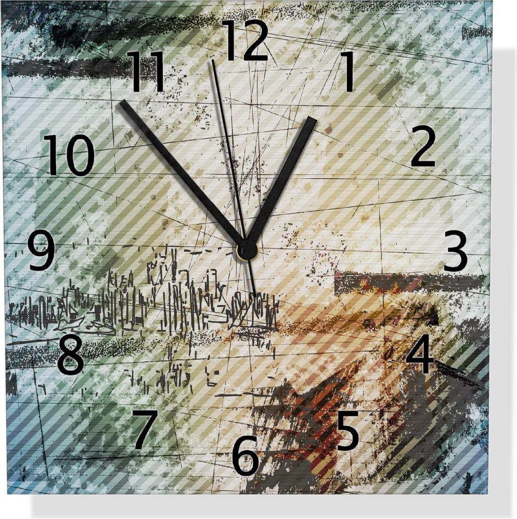 Wallario Design Wanduhr Grunge Stil Streifen Schrift und Muster aus Aluverbund, Größe 30 x 30 cm