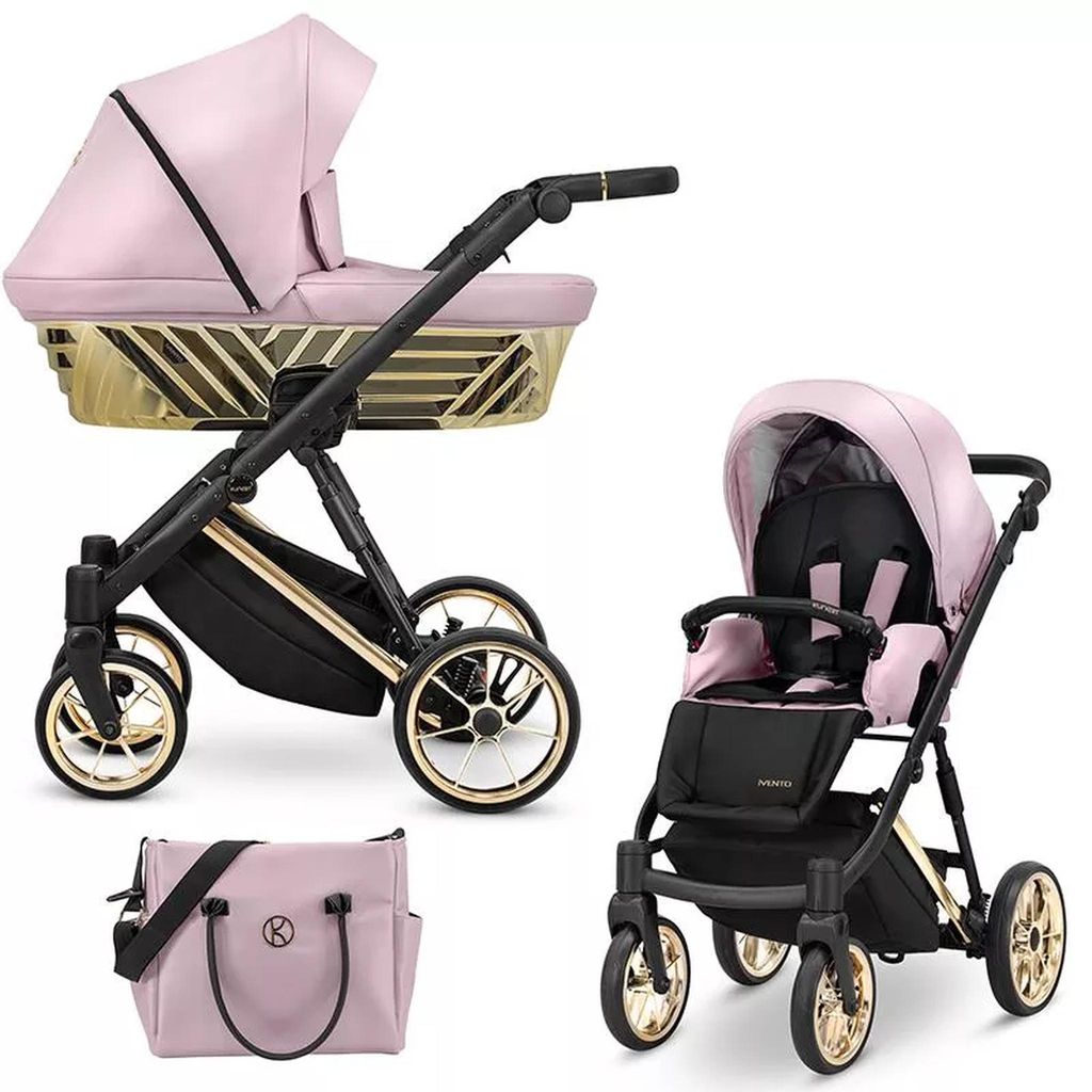 Kunert Ivento Glam 3in1 Kinderwagen in Pink Metallic mit goldenem Rahmen