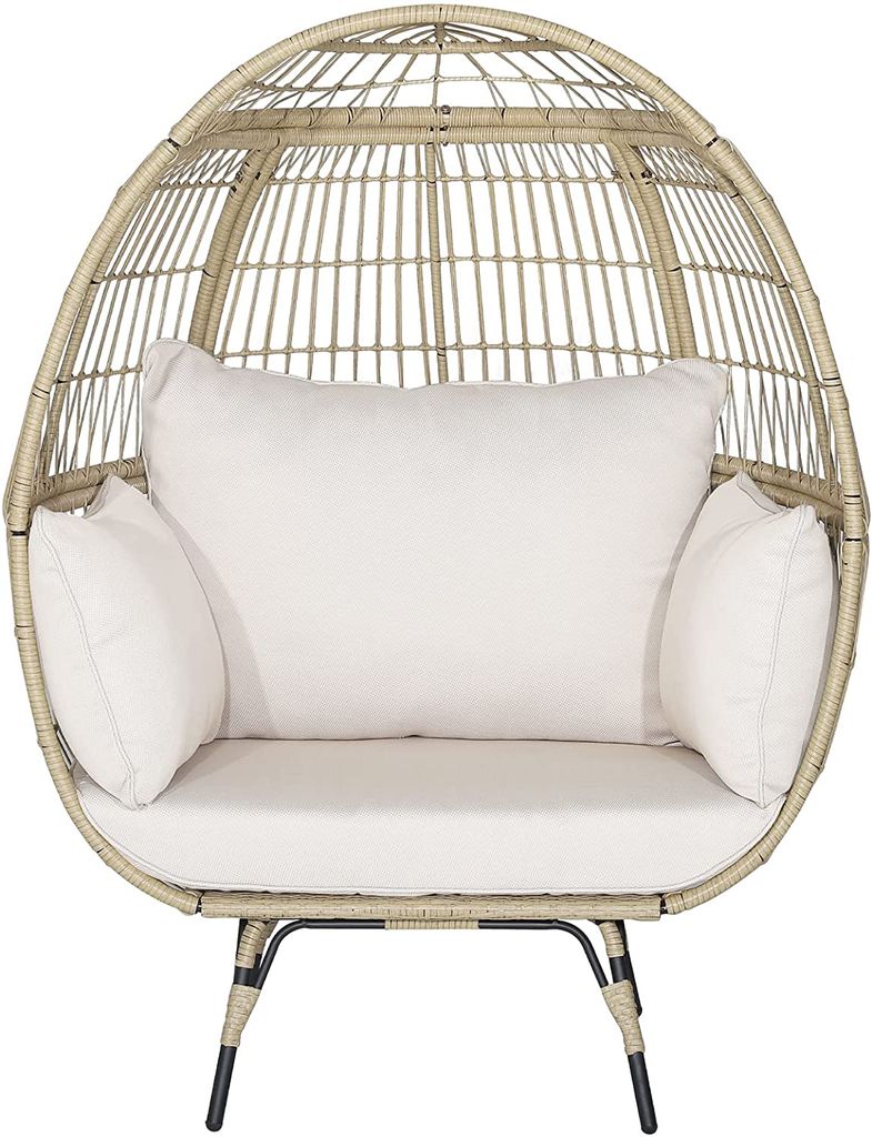 GOPLUS Korbsessel mit Kissen, Gartensessel mit Metallgestell, Rattansessel in Eiform für Wohnzimmer, Garten, max. 205 kg belastbar