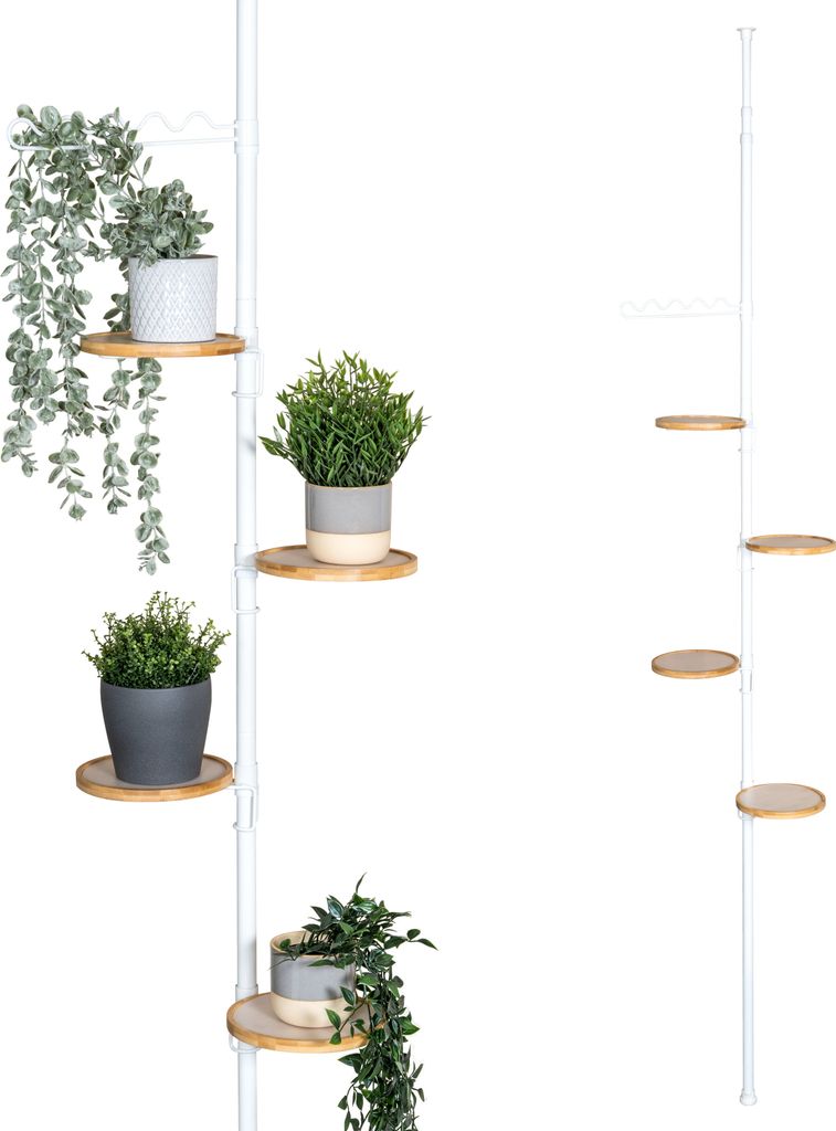 bremermann Teleskop-Blumenregal mit 4 Bambusablagen, Blumentreppe höhenverstellbar von 140 bis 290 cm, weiß