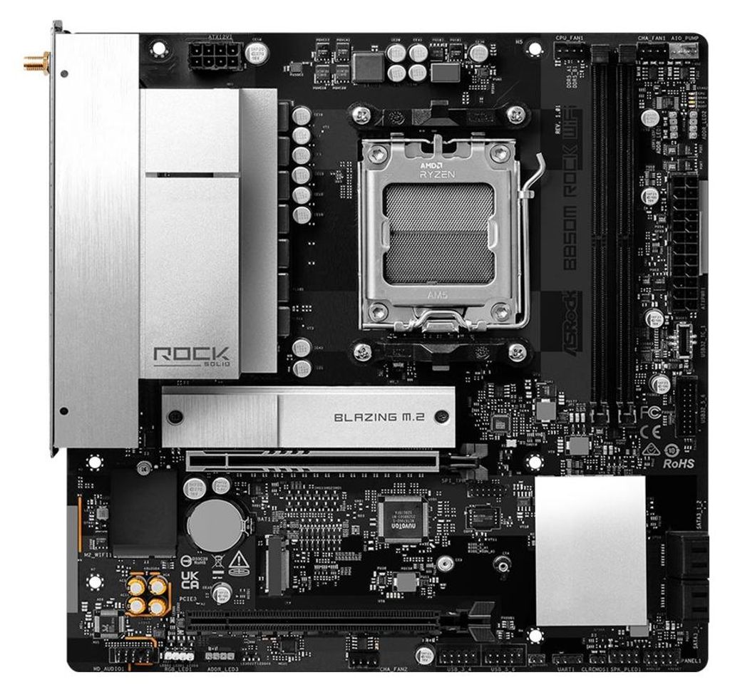ASRock B850M Rock WiFi - Motherboard - micro ATX - Socket AM5 - AMD B850 Chipsatz - USB-C 3.2 Gen 1, USB 3.2 Gen 1 - 2.5 Gigabit LAN, Bluetooth, Wi...
